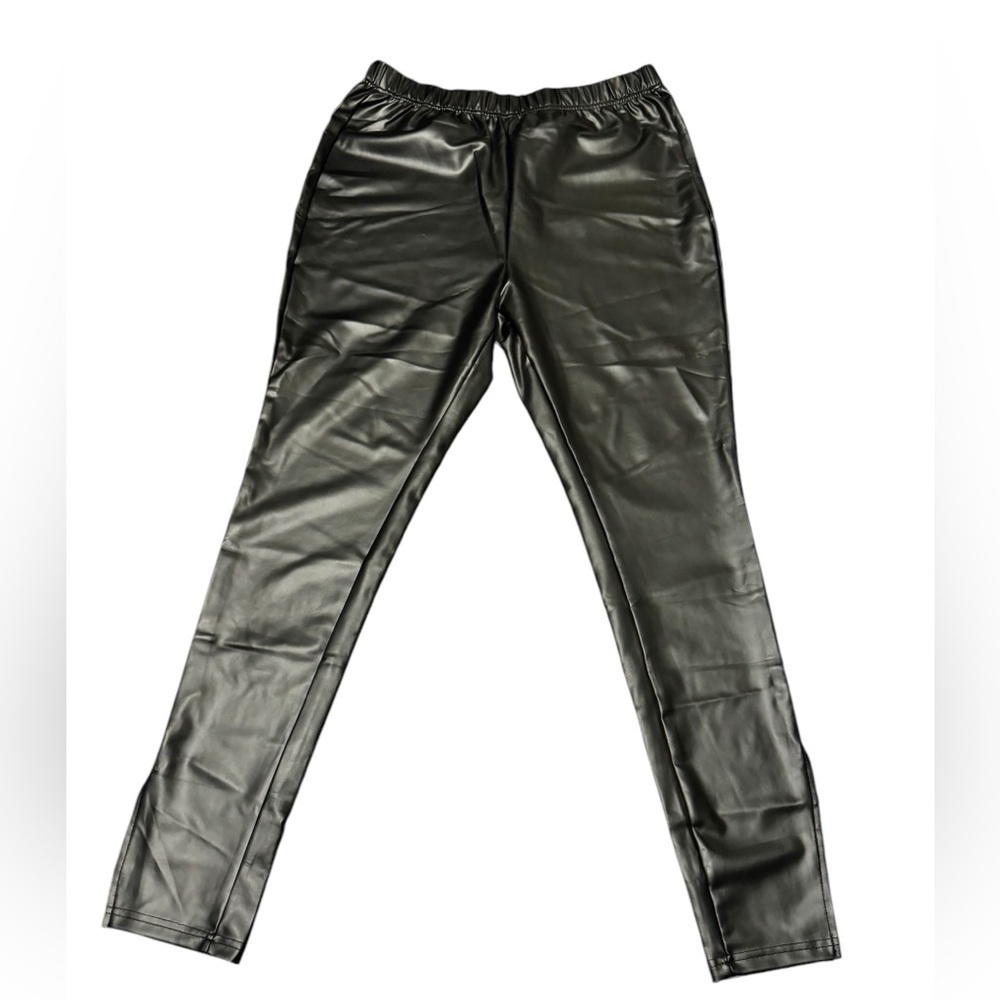 SHEIN Faux Leather Pull On Pants Size 0X Black Ankle Slits Stretch